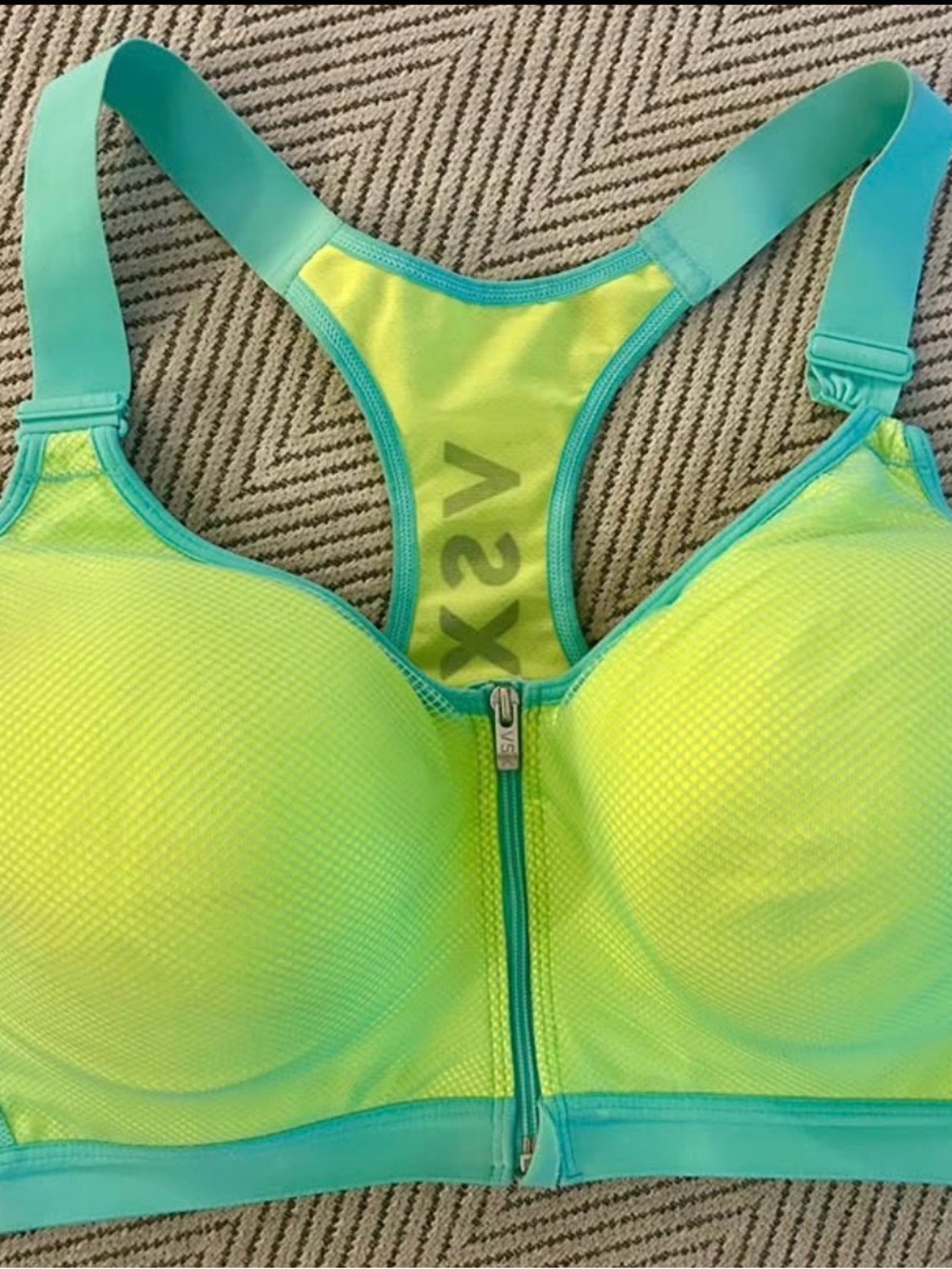 VSX Front-Zip Neon Lime & Teal Sports Bra Size 36DD